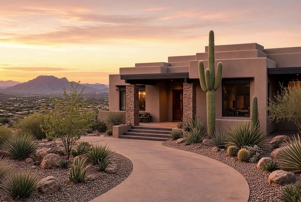 A modern desert home with a saguaro cactus at sunset, Scottsdale, Arizona